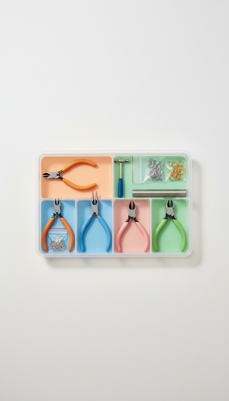 Starter jewelry tool set in compartmentalized tray